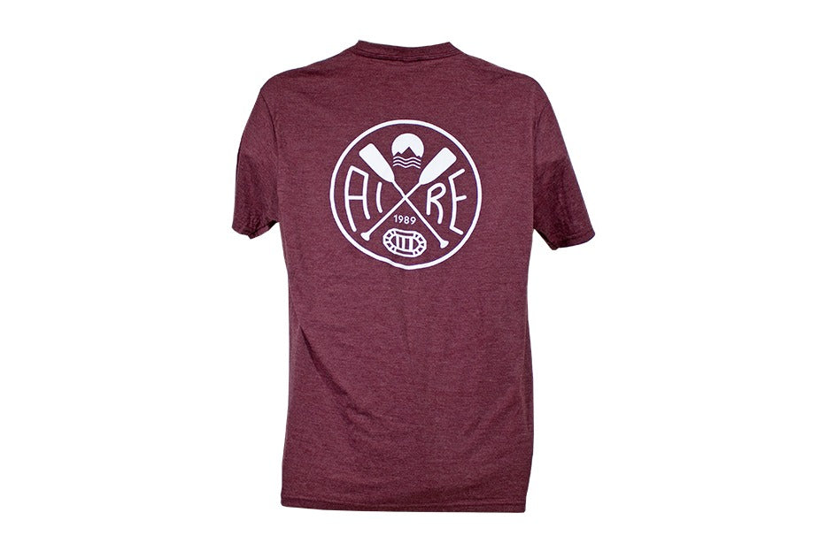 AIRE Crossed Oars rafting T-shirt in heathered maroon, back view with the crossed-oars AIRE 1989 badge