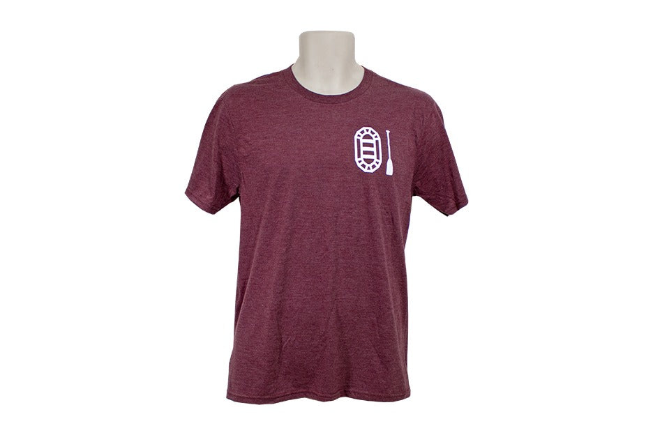 AIRE Crossed Oars rafting T-shirt in maroon, front view with the raft and paddle logo on the left chest