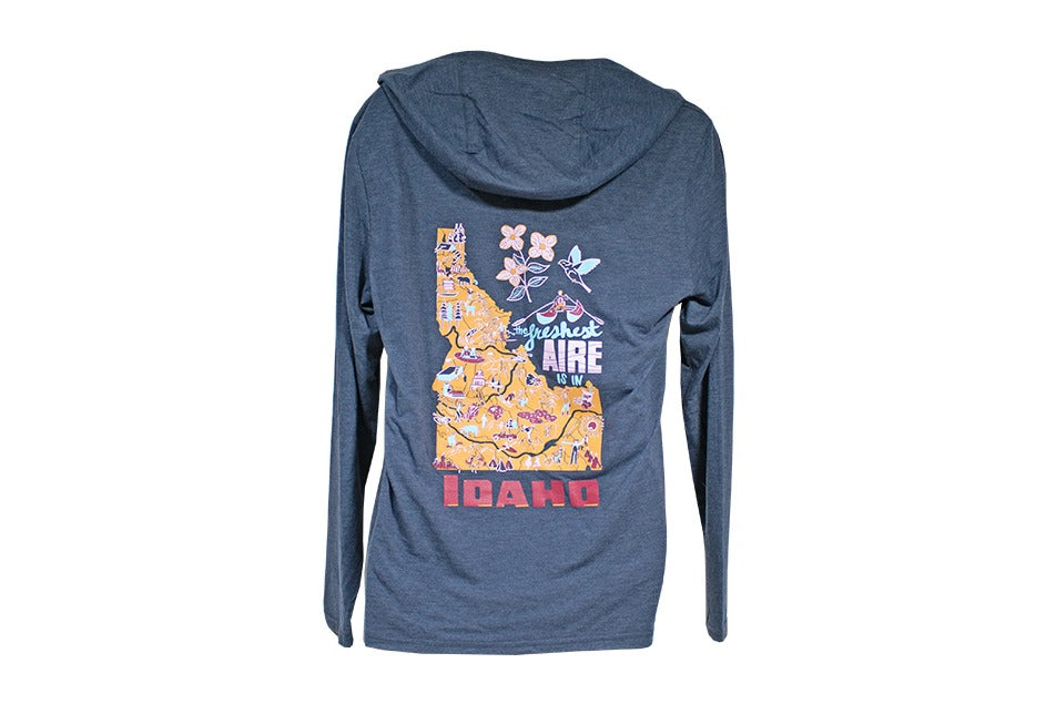 AIRE Idaho Map long sleeve hoodie tee in heathered navy, back view with The Freshest AIRE Is in Idaho map graphic