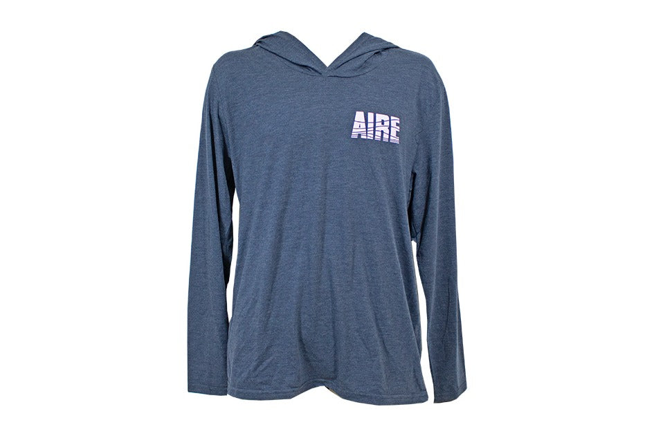 AIRE Idaho Map long sleeve hoodie tee in navy, front view with the AIRE logo on the left chest