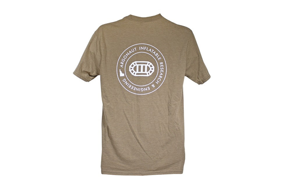 AIRE Vintage Argonaut rafting T-shirt in heathered brown, back view with the Argonaut Inflatable Research & Engineering seal