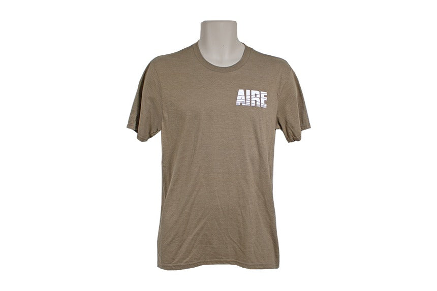 AIRE Vintage Argonaut rafting T-shirt in brown, front view with the AIRE logo on the left chest